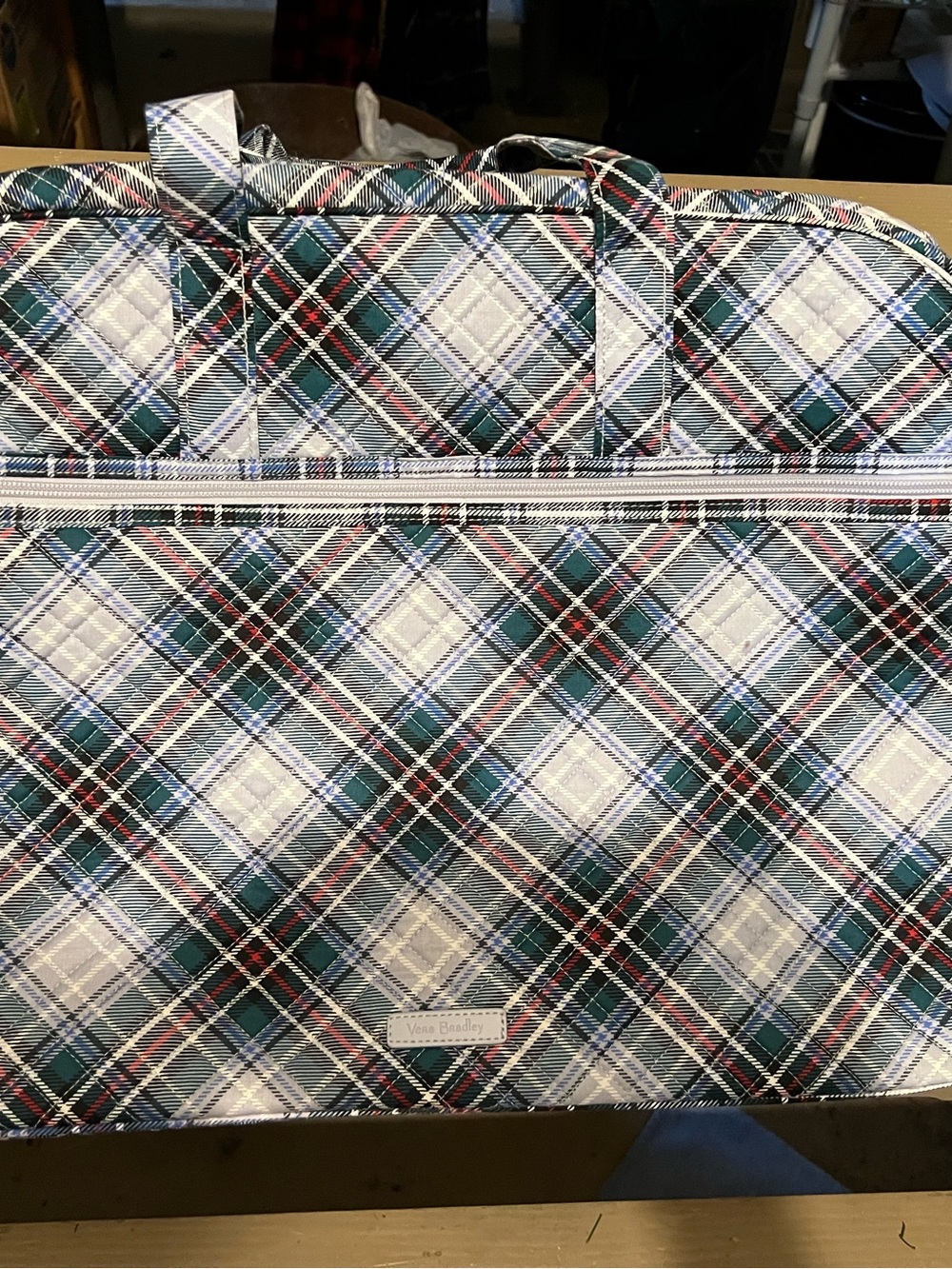 Vera Bradley Plaid Quilted Duffel in Green, White & Black